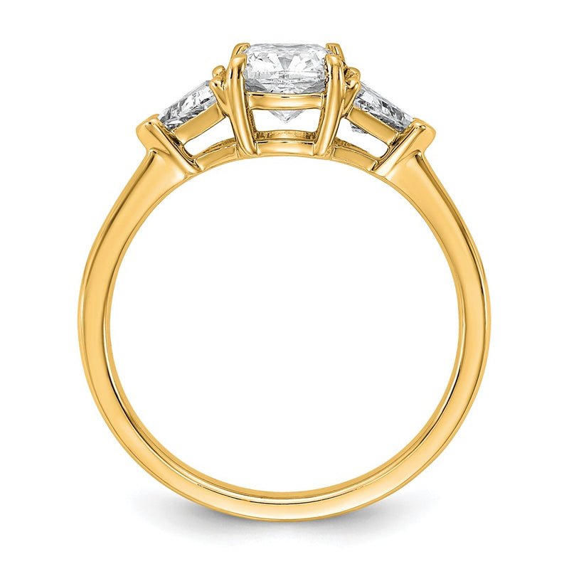 14K Yellow Gold 1/2 carat Lab Grown Diamond VS+ F+ Triangle 1 carat Cushion Center Semi Mount Three Stone Engagement Ring