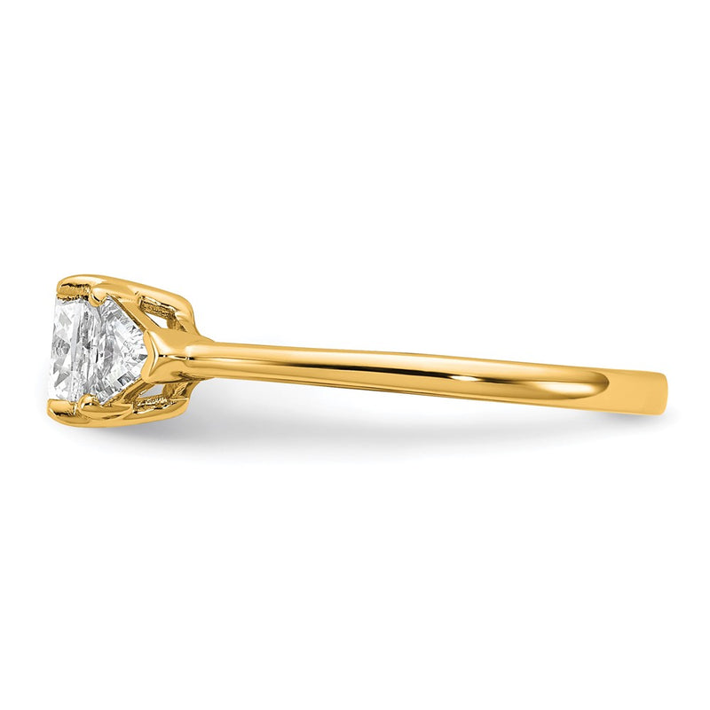 14K Yellow Gold 1/2 carat Lab Grown Diamond VS+ F+ Triangle 1 carat Cushion Center Semi Mount Three Stone Engagement Ring