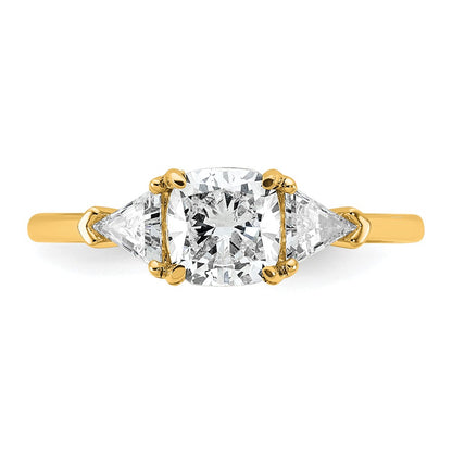 14K Yellow Gold 1/2 carat Lab Grown Diamond VS+ F+ Triangle 1 carat Cushion Center Semi Mount Three Stone Engagement Ring
