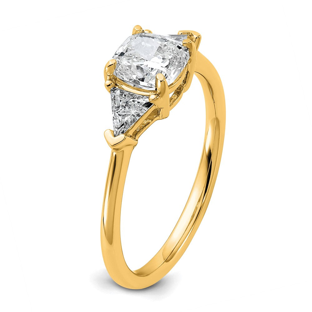 14K Yellow Gold 1 1/2 carat Certified Lab Grown Diamond VS/SI+ G+ Cushion and Triangle Complete Three Stone Engagement Ring