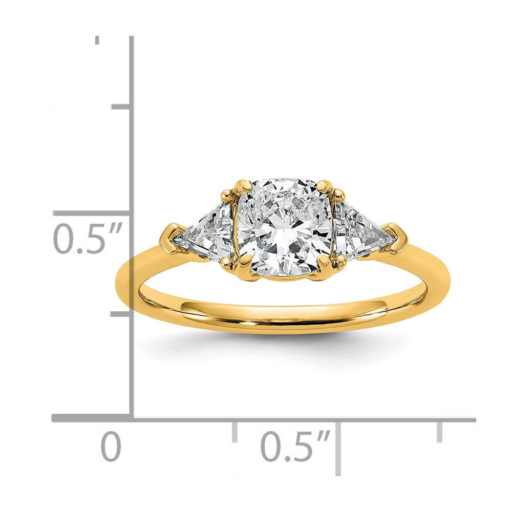 14K Yellow Gold 1 1/2 carat Certified Lab Grown Diamond VS+ F+ Cushion and Triangle Complete Three Stone Engagement Ring