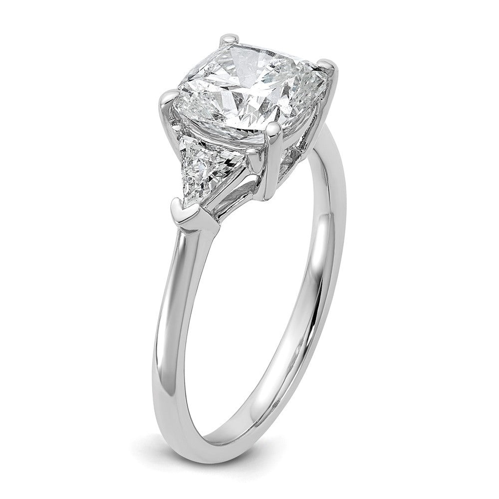 14K White Gold 2 1/2 carat Certified Lab Grown Diamond VS+ F+ Cushion and Triangle Complete Three Stone Engagement Ring