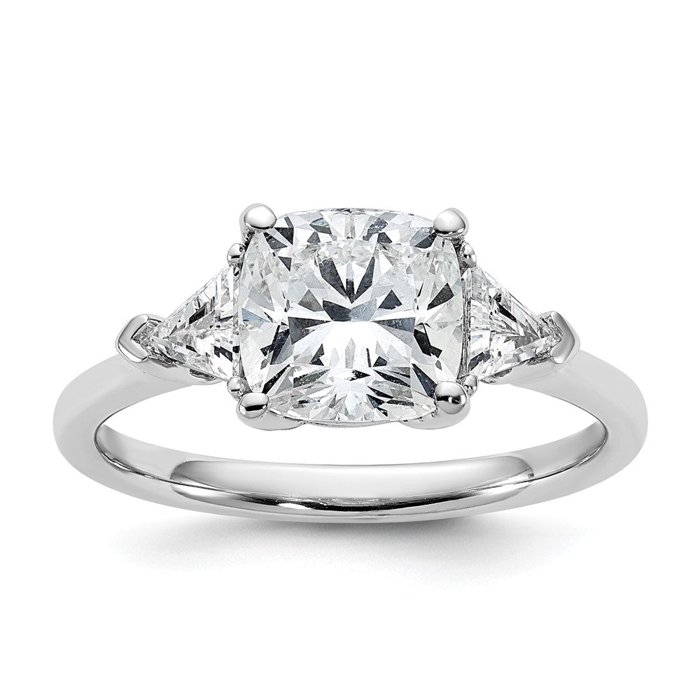 14K White Gold 2 1/2 carat Certified Lab Grown Diamond VS+ F+ Cushion and Triangle Complete Three Stone Engagement Ring