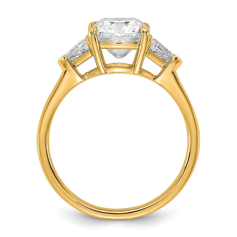 14K Yellow Gold 1/2 carat Lab Grown Diamond VS+ F+ Triangle 2 carat Cushion Center Semi Mount Three Stone Engagement Ring