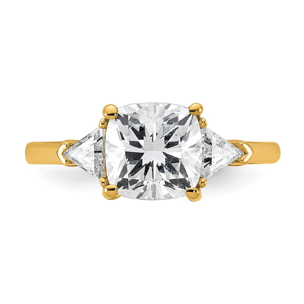 14K Yellow Gold 1/2 carat Lab Grown Diamond VS+ F+ Triangle 2 carat Cushion Center Semi Mount Three Stone Engagement Ring