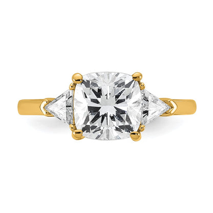 14K Yellow Gold 1/2 carat Lab Grown Diamond VS+ F+ Triangle 2 carat Cushion Center Semi Mount Three Stone Engagement Ring