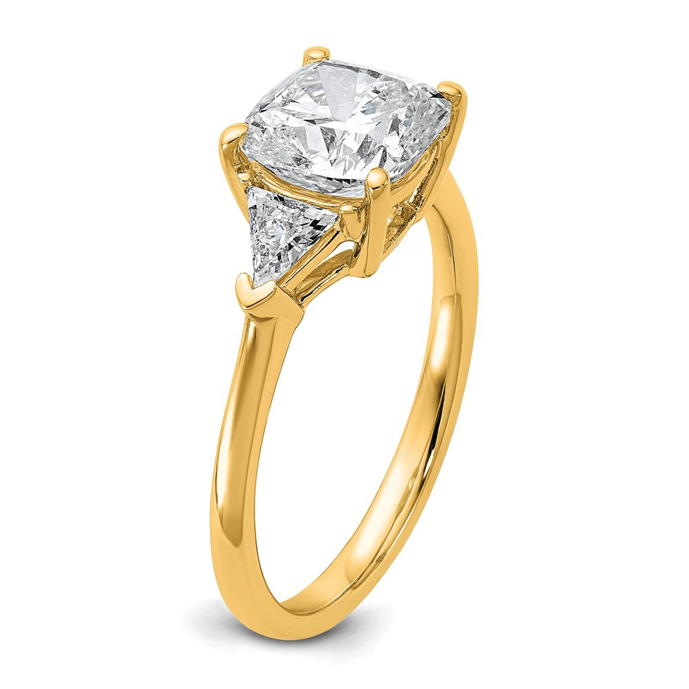 14K Yellow Gold 1/2 carat Lab Grown Diamond VS+ F+ Triangle 2 carat Cushion Center Semi Mount Three Stone Engagement Ring