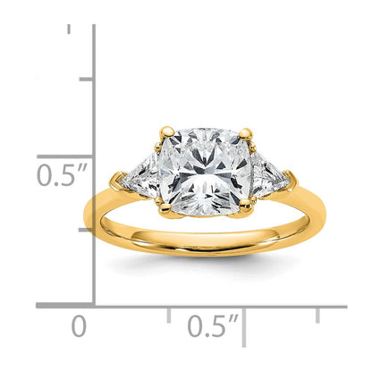 14K Yellow Gold 2 1/2 carat Certified Lab Grown Diamond VS+ F+ Cushion and Triangle Complete Three Stone Engagement Ring