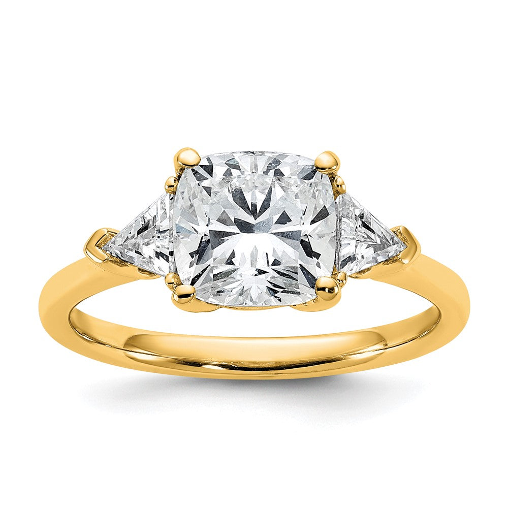14K Yellow Gold 2 1/2 carat Certified Lab Grown Diamond VS/SI+ G+ Cushion and Triangle Complete Three Stone Engagement Ring