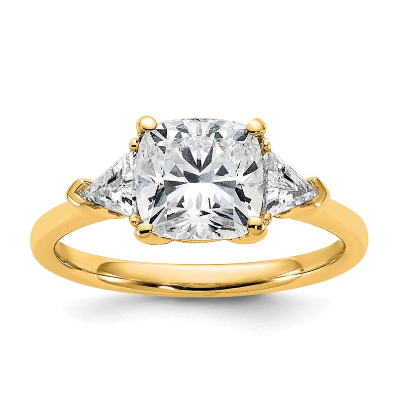 14K Yellow Gold 2 1/2 carat Certified Lab Grown Diamond VS+ F+ Cushion and Triangle Complete Three Stone Engagement Ring