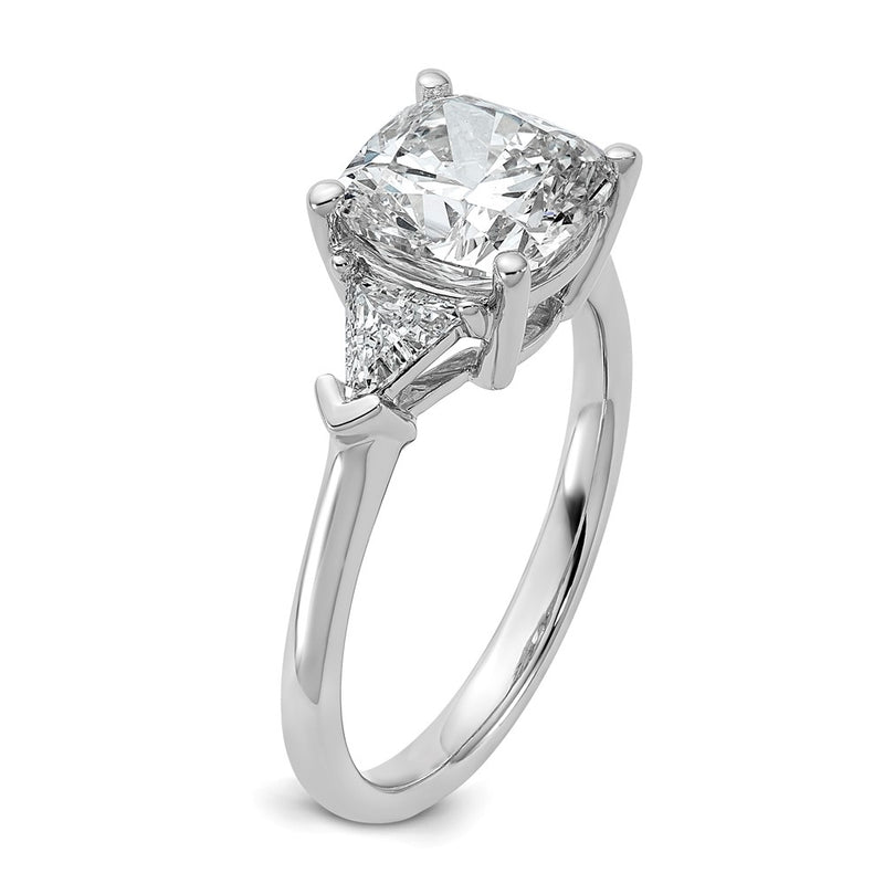 14K White Gold 3 1/8 carat Certified Lab Grown Diamond VS/SI+ G+ Cushion and Triangle Complete Three Stone Engagement Ring
