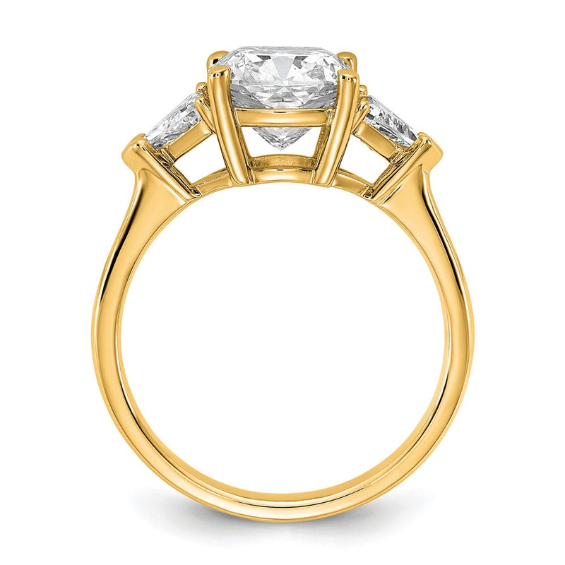 14K Yellow Gold 5/8 carat Lab Grown Diamond VS+ F+ Triangle 2 1/2 carat Cushion Center Semi Mount Three Stone Engagement Ring