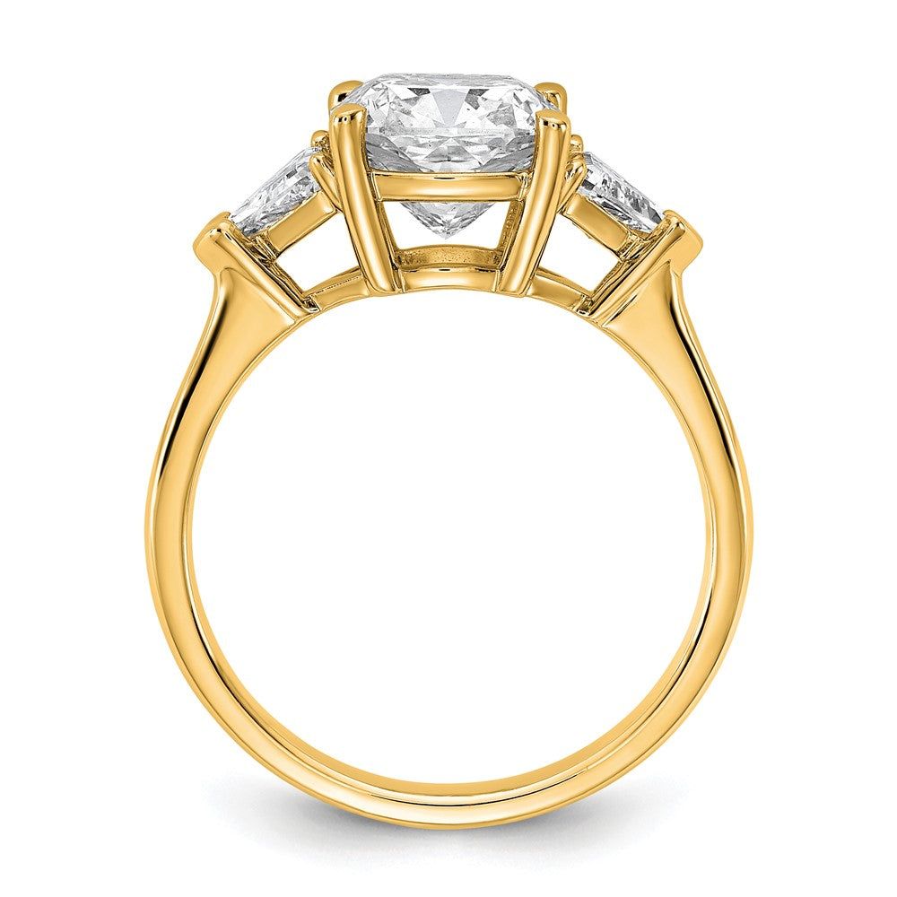14K Yellow Gold 5/8 carat Lab Grown Diamond VS/SI+ G+ Triangle 2 1/2 carat Cushion Center Semi Mount Three Stone Engagement Ring