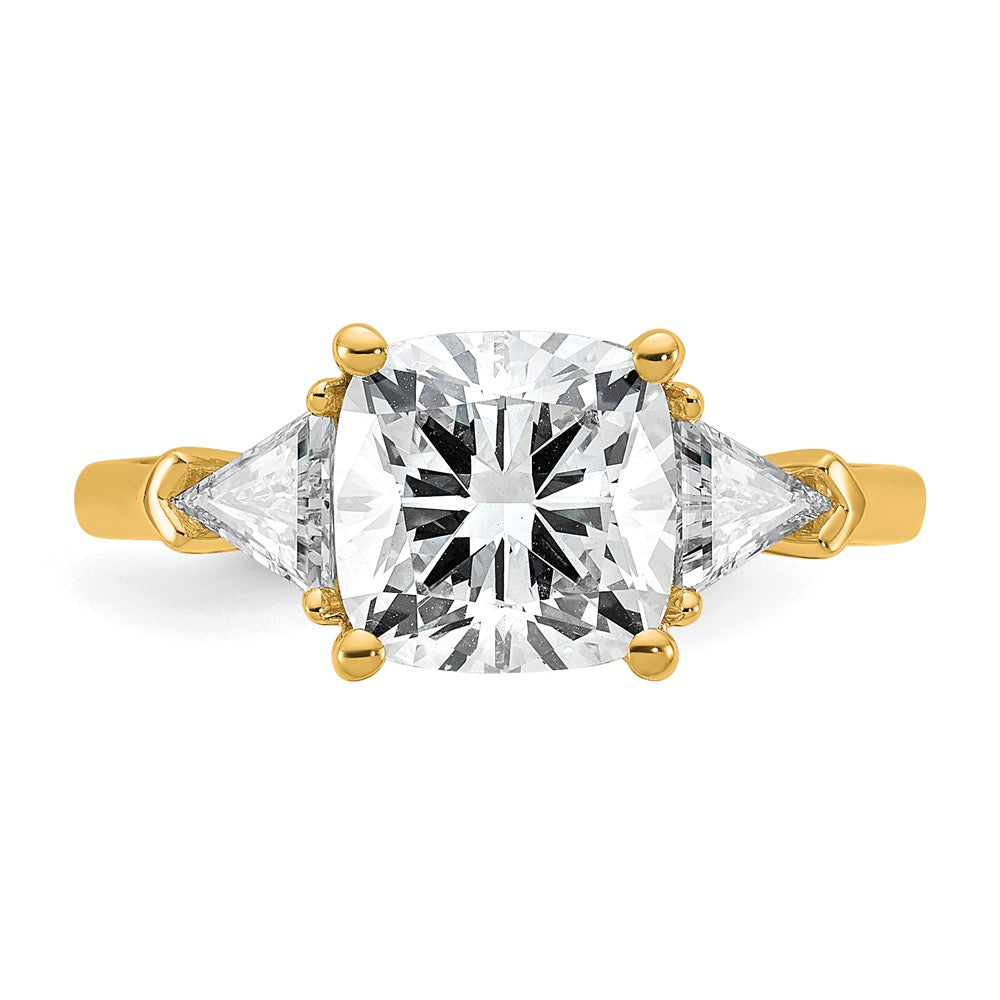 14K Yellow Gold 3 1/8 carat Certified Lab Grown Diamond VS/SI+ G+ Cushion and Triangle Complete Three Stone Engagement Ring