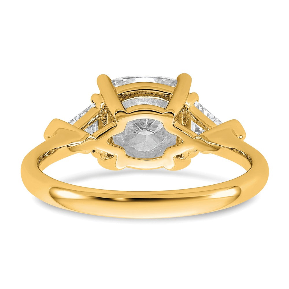 14K Yellow Gold 5/8 carat Lab Grown Diamond VS/SI+ G+ Triangle 2 1/2 carat Cushion Center Semi Mount Three Stone Engagement Ring