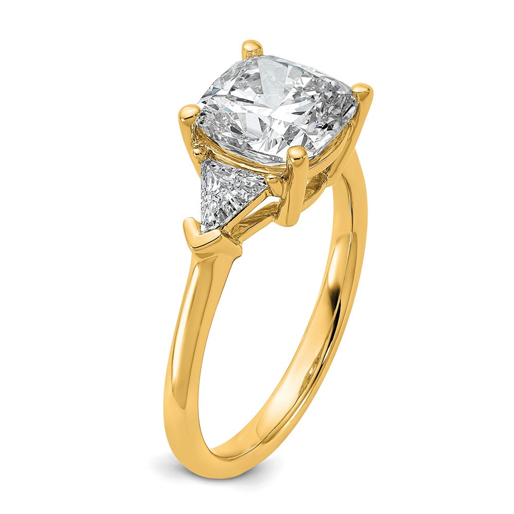 14K Yellow Gold 5/8 carat Lab Grown Diamond VS+ F+ Triangle 2 1/2 carat Cushion Center Semi Mount Three Stone Engagement Ring