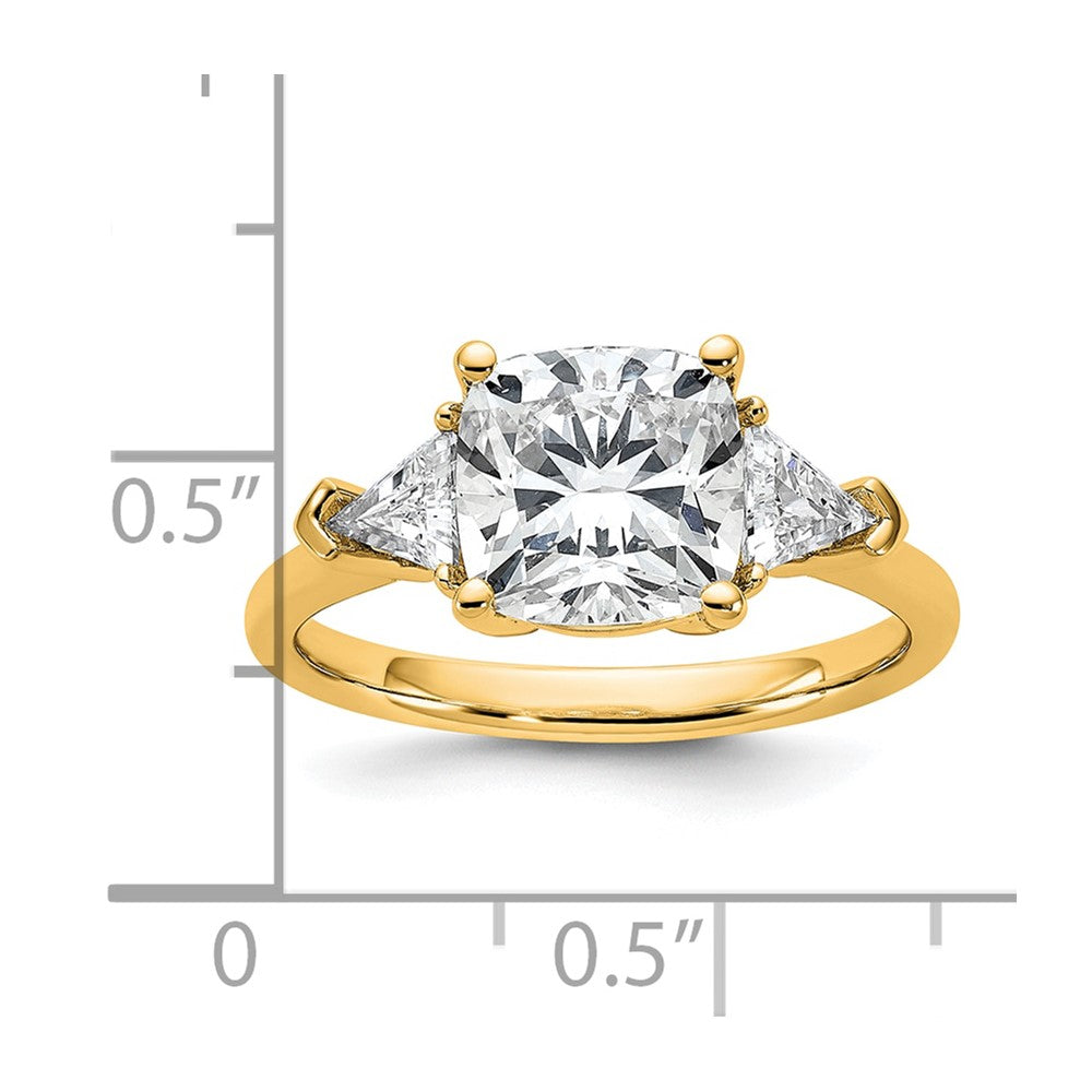 14K Yellow Gold 5/8 carat Lab Grown Diamond VS+ F+ Triangle 2 1/2 carat Cushion Center Semi Mount Three Stone Engagement Ring