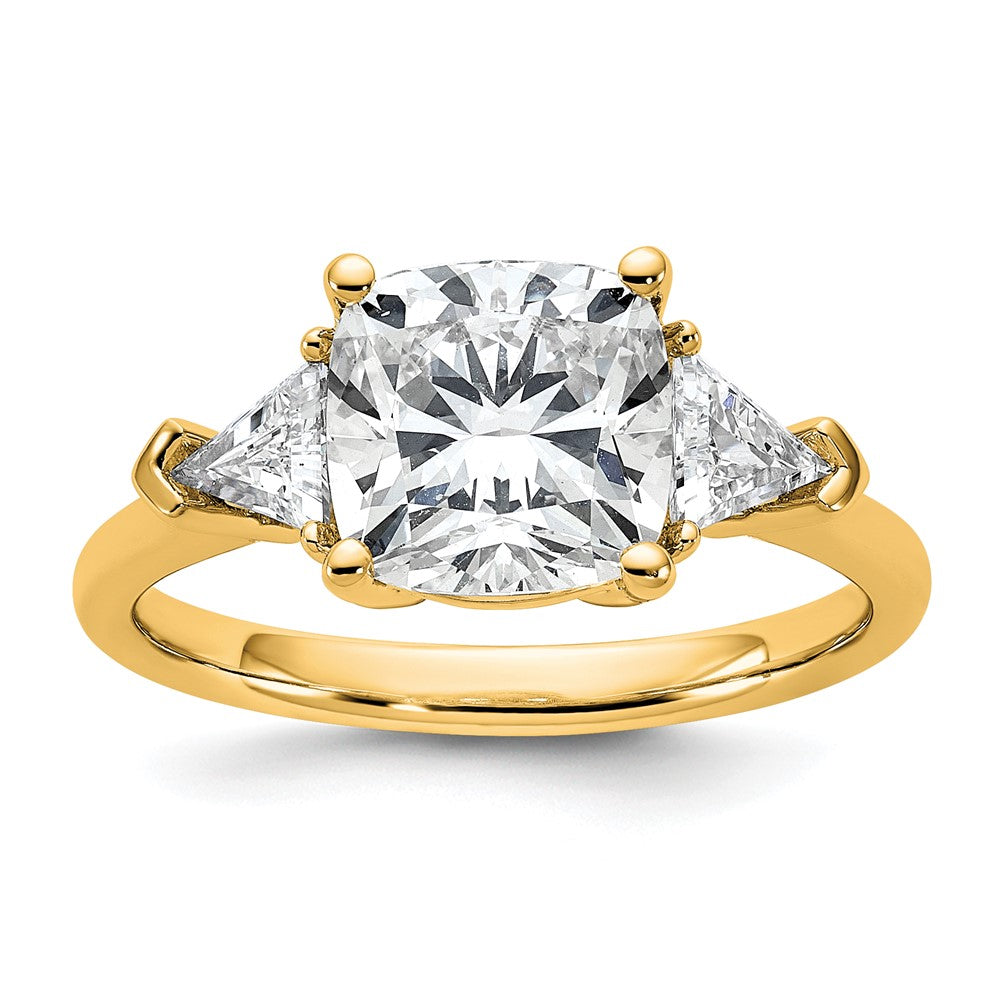 14K Yellow Gold 5/8 carat Lab Grown Diamond VS/SI+ G+ Triangle 2 1/2 carat Cushion Center Semi Mount Three Stone Engagement Ring