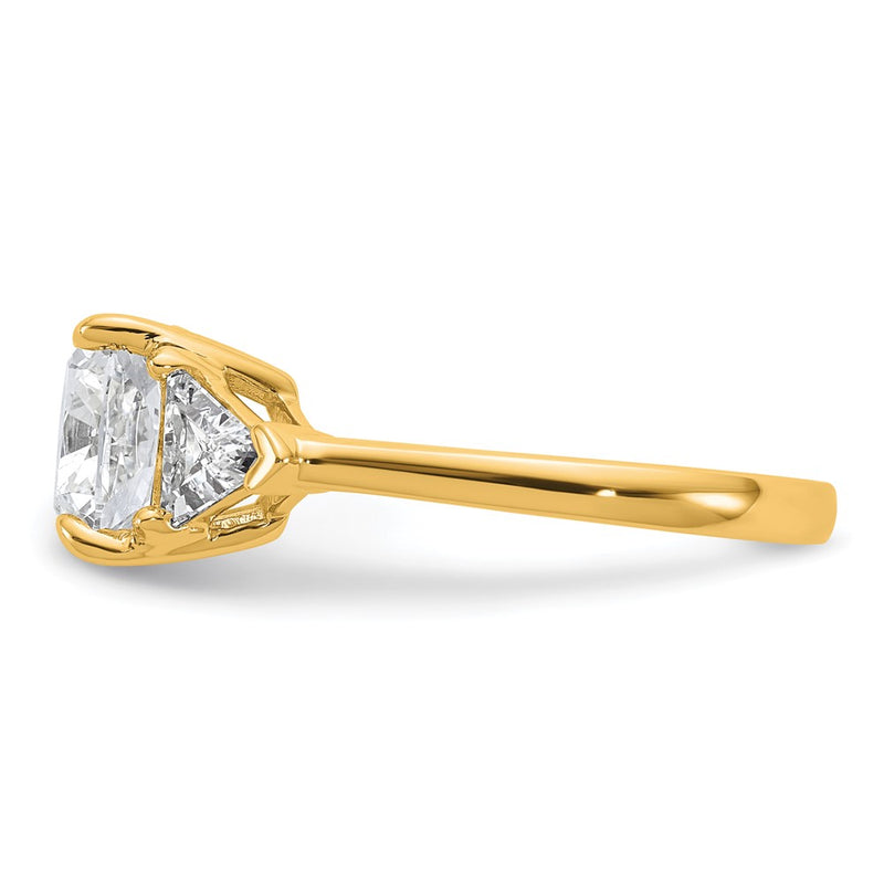 14K Yellow Gold 1 carat Lab Grown Diamond VS+ F+ Triangle 3 carat Cushion Center Semi Mount Three Stone Engagement Ring
