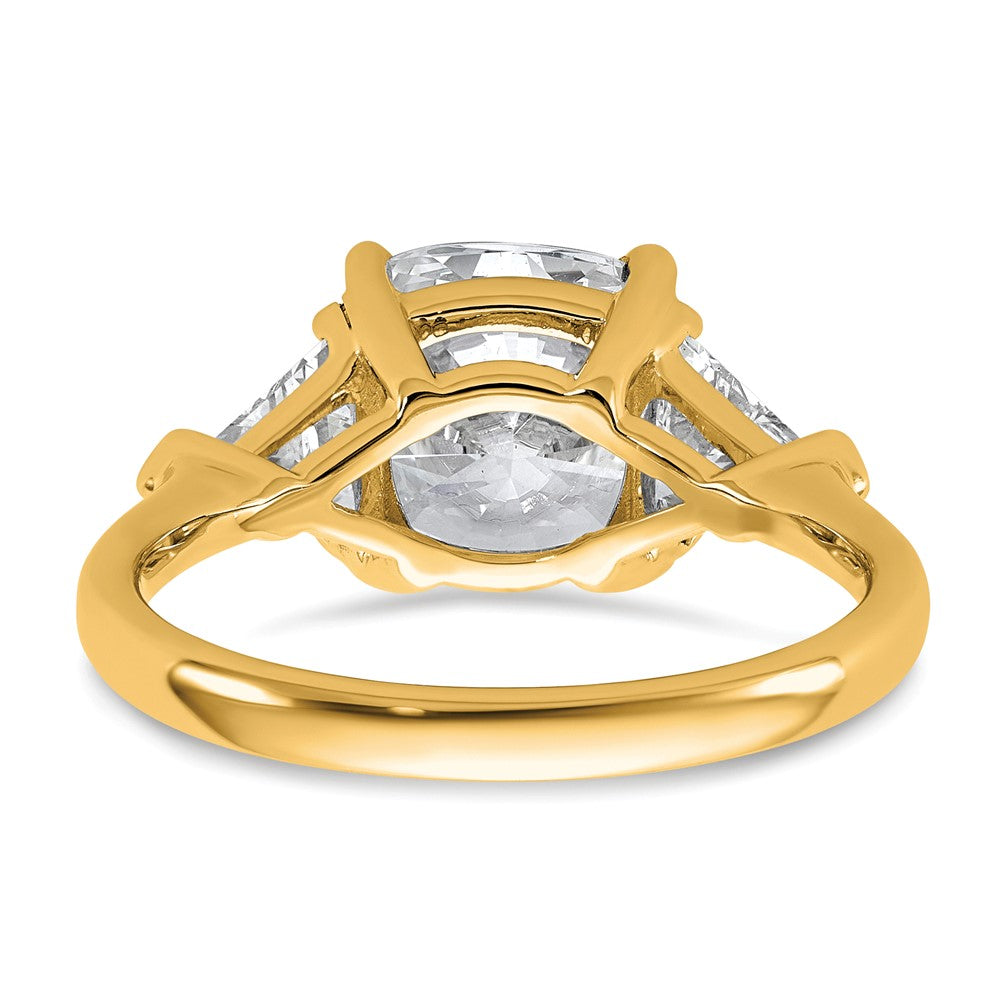 14K Yellow Gold 1 carat Lab Grown Diamond VS+ F+ Triangle 3 carat Cushion Center Semi Mount Three Stone Engagement Ring
