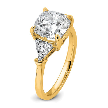 14K Yellow Gold 1 carat Lab Grown Diamond VS/SI+ G+ Triangle 3 carat Cushion Center Semi Mount Three Stone Engagement Ring