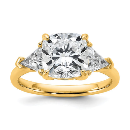 14K Yellow Gold 1 carat Lab Grown Diamond VS+ F+ Triangle 3 carat Cushion Center Semi Mount Three Stone Engagement Ring