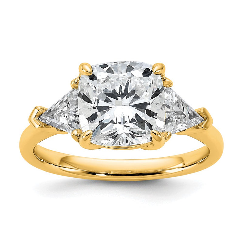 14K Yellow Gold 1 carat Lab Grown Diamond VS+ F+ Triangle 3 carat Cushion Center Semi Mount Three Stone Engagement Ring