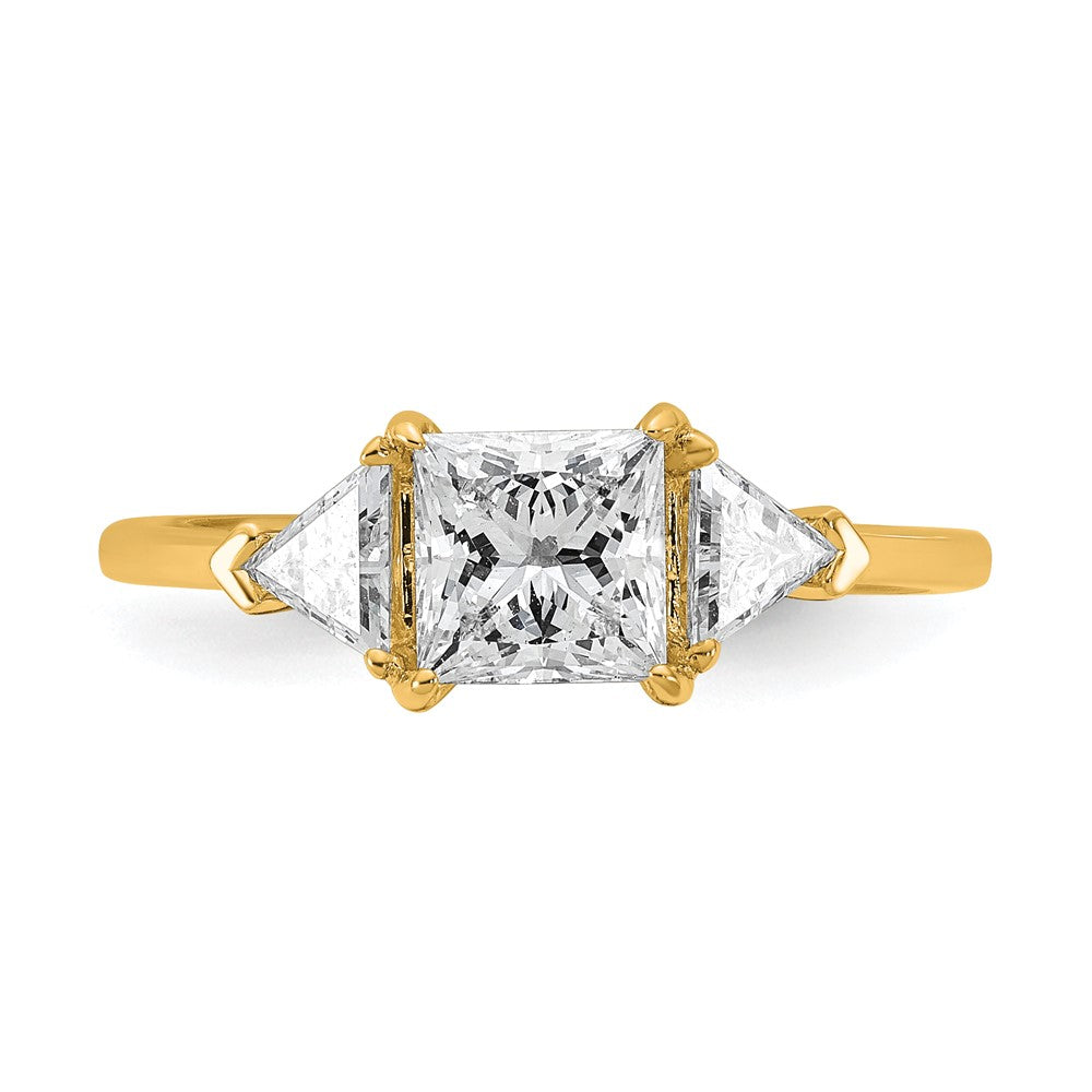 14K Yellow Gold 1 1/2 carat Certified Lab Grown Diamond VS+ F+ Princess and Trillion Complete Three Stone Engagement Ring