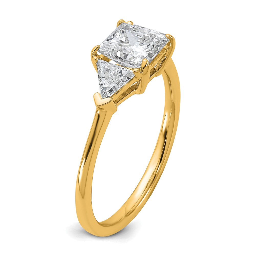 14K Yellow Gold 1 1/2 carat Certified Lab Grown Diamond VS/SI+ G+ Princess and Trillion Complete Three Stone Engagement Ring