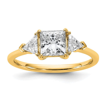 14K Yellow Gold 1 1/2 carat Certified Lab Grown Diamond VS+ F+ Princess and Trillion Complete Three Stone Engagement Ring
