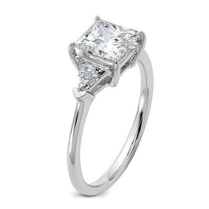 14K White Gold 1/2 carat Lab Grown Diamond VS+ F+ Trillion and 1 1/2 carat Princess Center Semi Mount Three Stone Engagement Ring