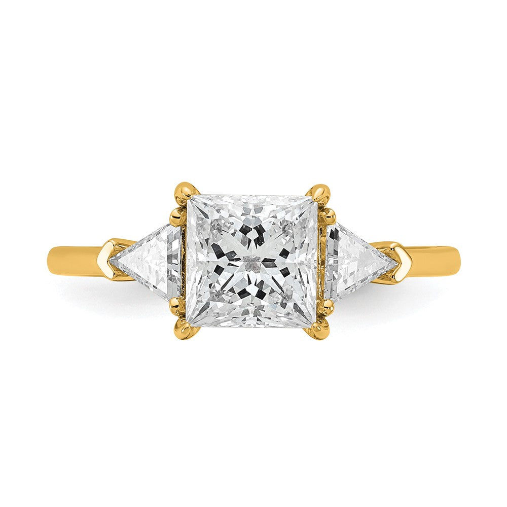 14K Yellow Gold 1/2 carat Lab Grown Diamond VS+ F+ Trillion and 1 1/2 carat Princess Center Semi Mount Three Stone Engagement Ring