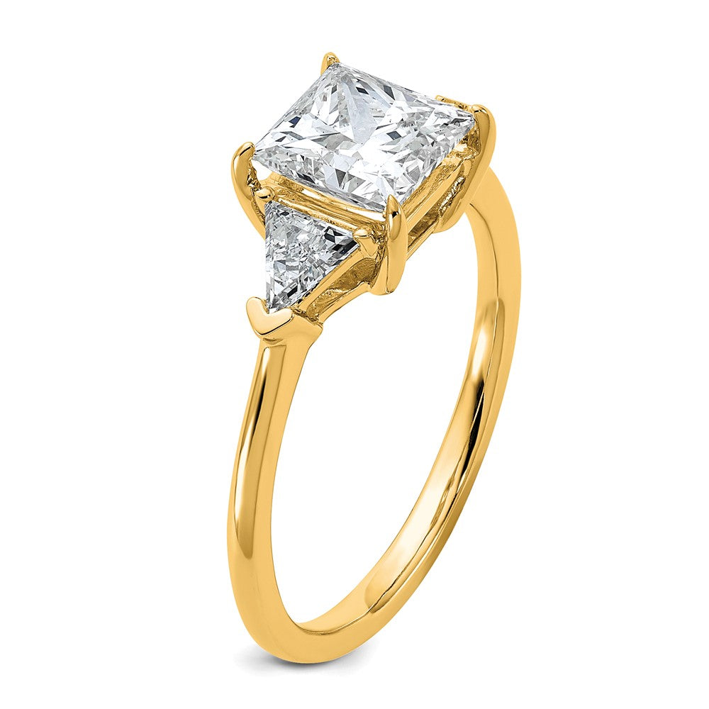14K Yellow Gold 1/2 carat Lab Grown Diamond VS+ F+ Trillion and 1 1/2 carat Princess Center Semi Mount Three Stone Engagement Ring