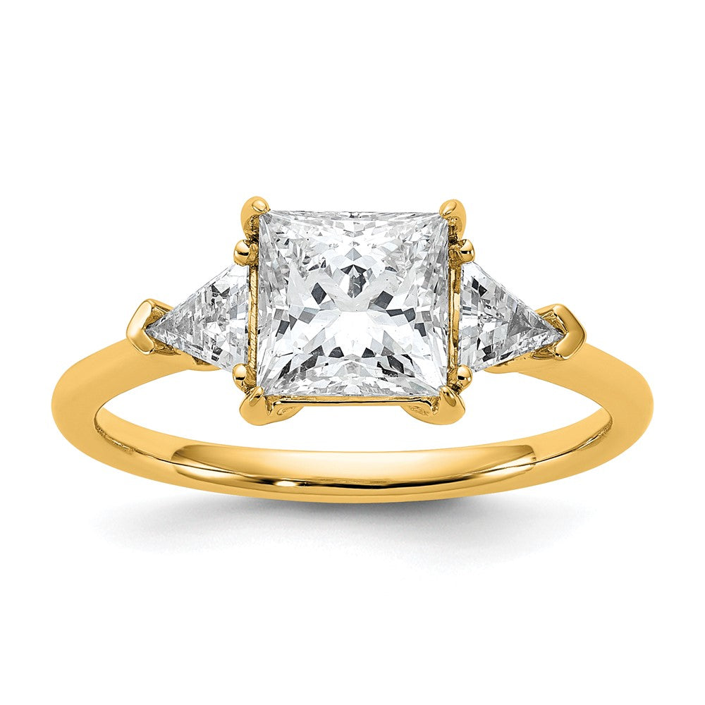 14K Yellow Gold 1/2 carat Lab Grown Diamond VS+ F+ Trillion and 1 1/2 carat Princess Center Semi Mount Three Stone Engagement Ring