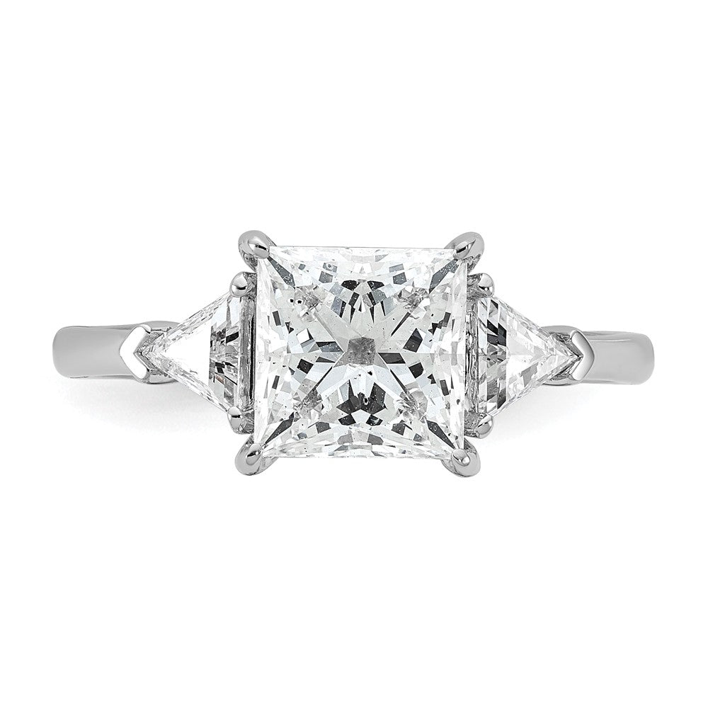 14K White Gold 2 1/2 carat Certified Lab Grown Diamond VS+ F+ Princess and Trillion Complete Three Stone Engagement Ring