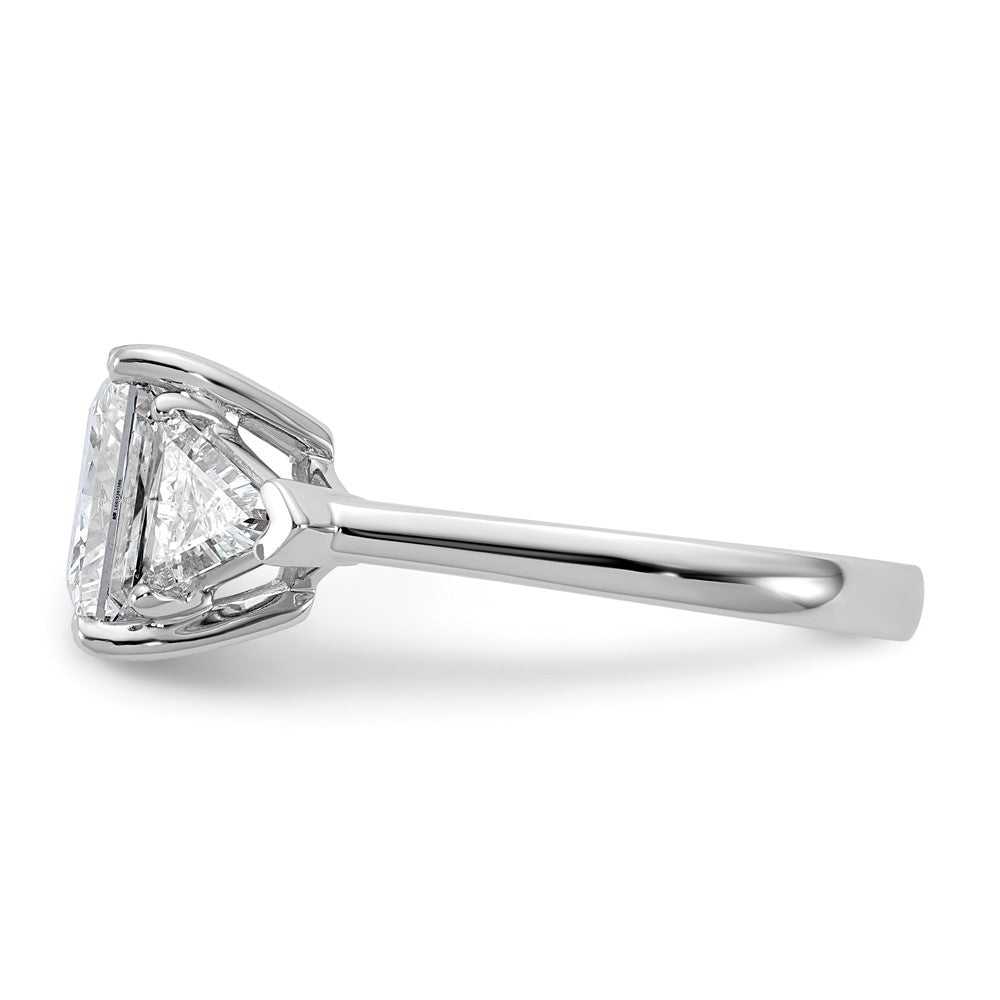14K White Gold 1 1/8 carat Lab Grown Diamond VS+ F+ Trillion and 3 carat Princess Center Semi Mount Three Stone Engagement Ring