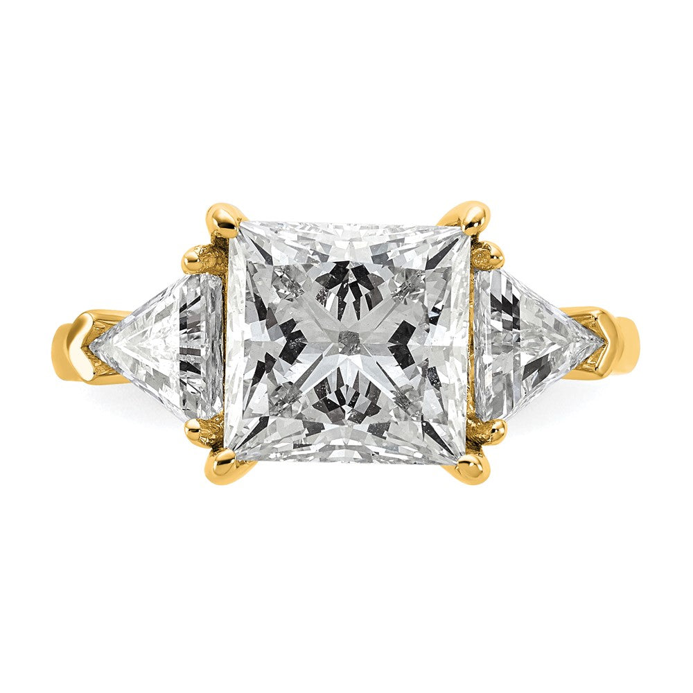 14K Yellow Gold 1 1/8 carat Lab Grown Diamond VS+ F+ Trillion and 3 carat Princess Center Semi Mount Three Stone Engagement Ring