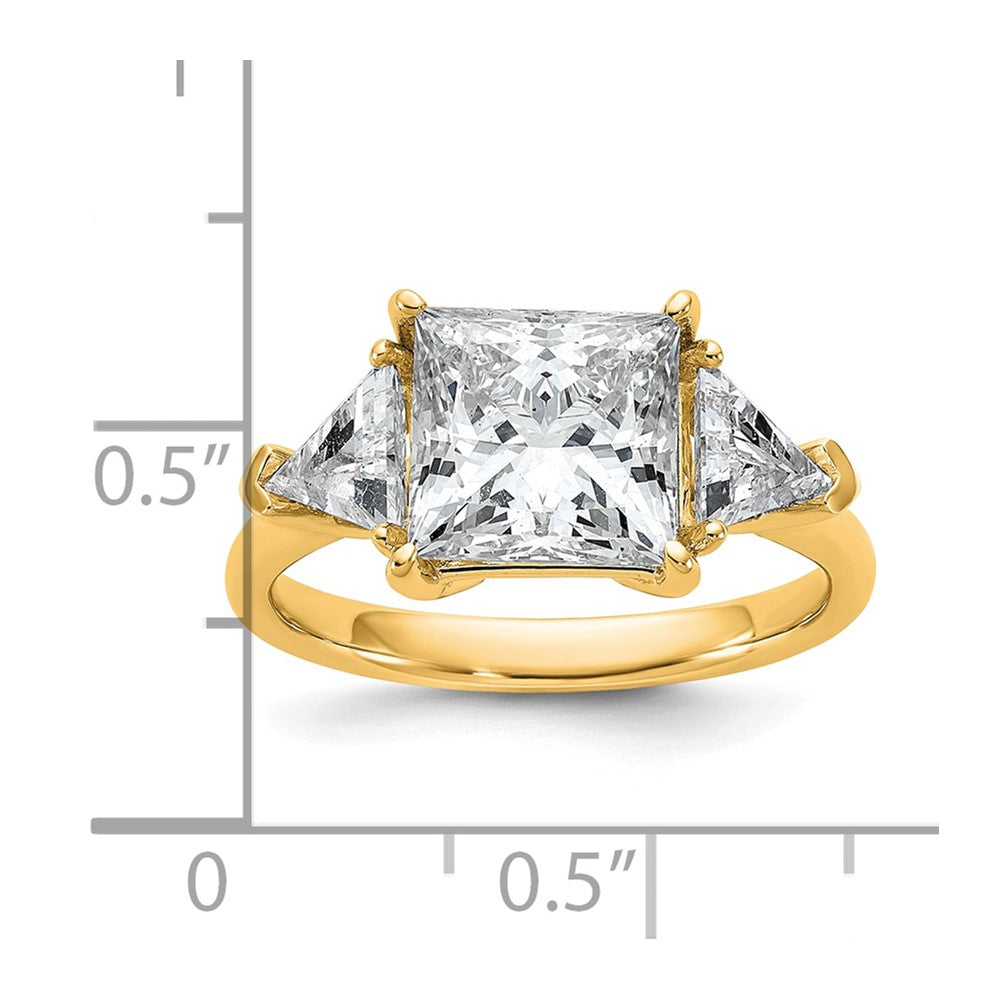 14K Yellow Gold 1 1/8 carat Lab Grown Diamond VS+ F+ Trillion and 3 carat Princess Center Semi Mount Three Stone Engagement Ring