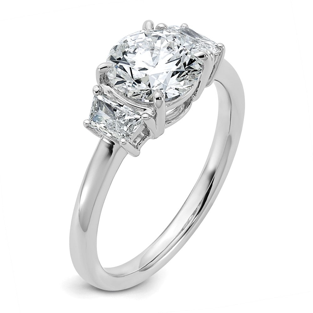 14K White Gold 1 7/8 carat Lab Grown Diamond VS+ F+ Round with Trapezoid Sidestones Complete Engagement Ring