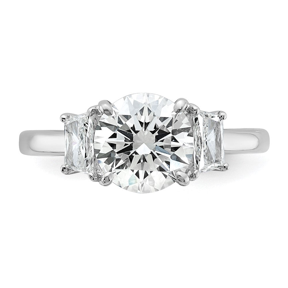 14K White Gold 2 1/2 carat Lab Grown Diamond VS+ F+ Round with Trapezoid Sidestones Complete Engagement Ring