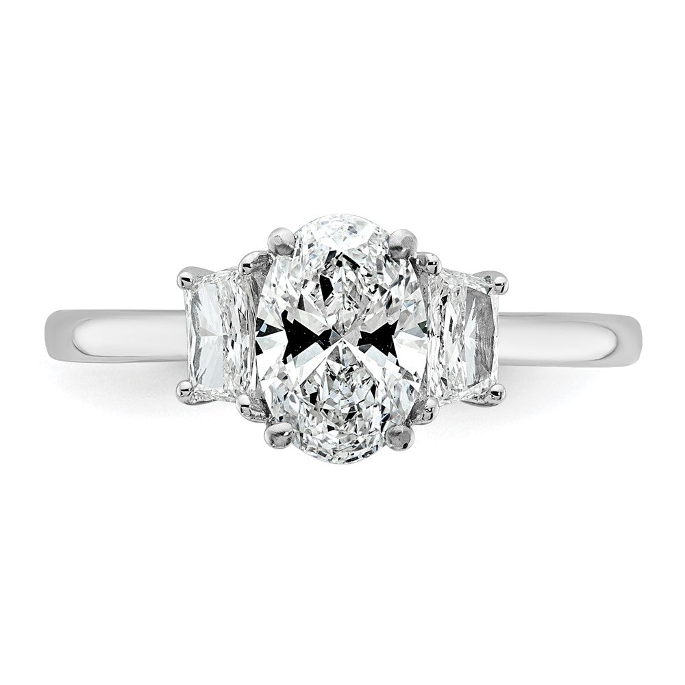 14K White Gold 3/8 carat Lab Grown Diamond VS+ F+ Trapezoid 1 carat Oval Semi Mount Three Stone Engagement Ring