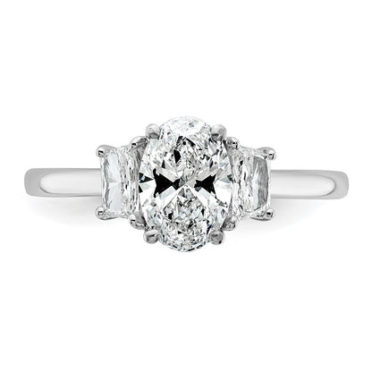 14K White Gold 3/8 carat Lab Grown Diamond VS+ F+ Trapezoid 1 carat Oval Semi Mount Three Stone Engagement Ring