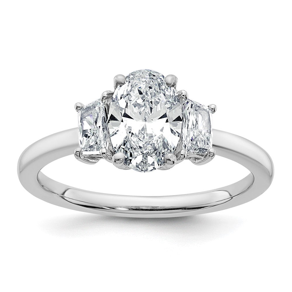14K White Gold 3/8 carat Lab Grown Diamond VS+ F+ Trapezoid 1 carat Oval Semi Mount Three Stone Engagement Ring