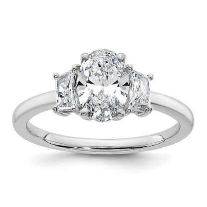 14K White Gold 3/8 carat Lab Grown Diamond VS+ F+ Trapezoid 1 carat Oval Semi Mount Three Stone Engagement Ring