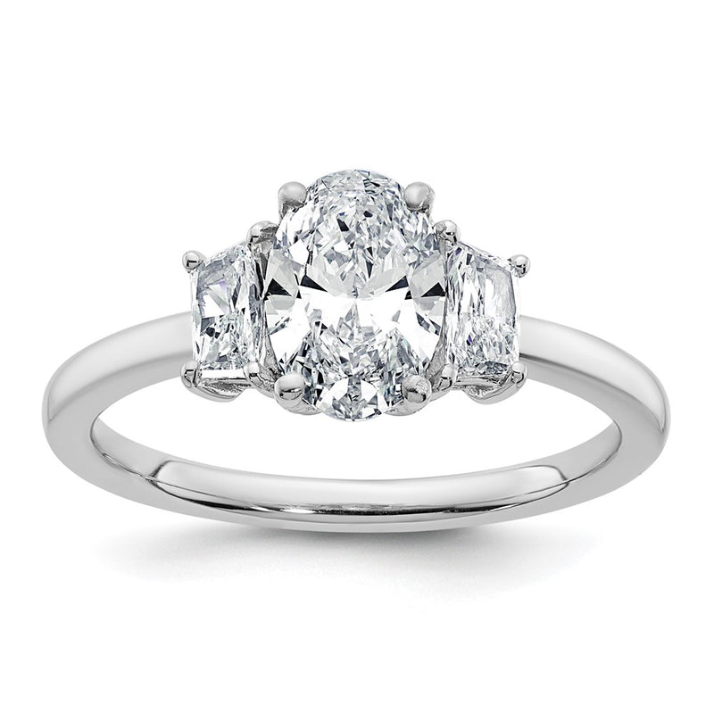 14K White Gold 3/8 carat Lab Grown Diamond VS+ F+ Trapezoid 1 carat Oval Semi Mount Three Stone Engagement Ring