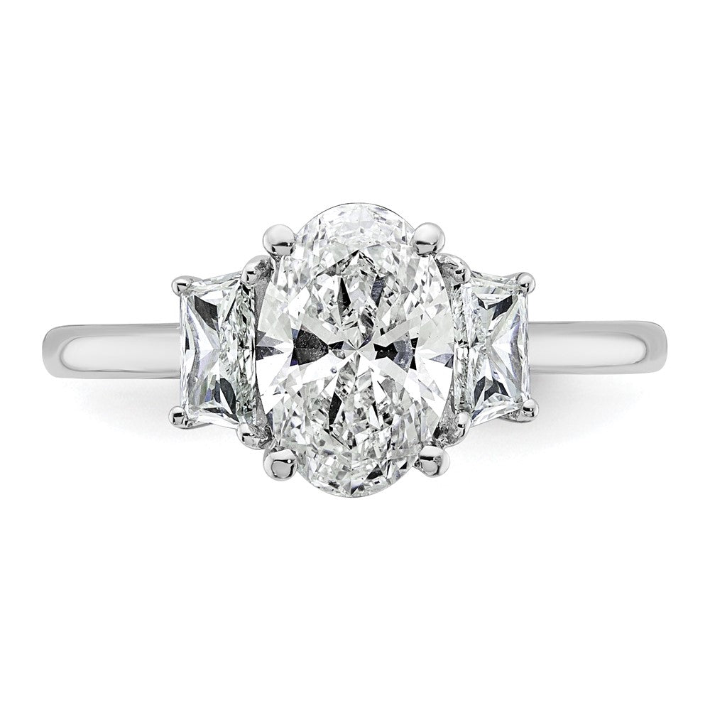 14K White Gold 1/2 carat Lab Grown Diamond VS+ F+ Trapezoid 1 1/2 carat Oval Semi Mount Three Stone Engagement Ring