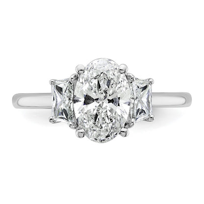 14K White Gold 1/2 carat Lab Grown Diamond VS+ F+ Trapezoid 1 1/2 carat Oval Semi Mount Three Stone Engagement Ring