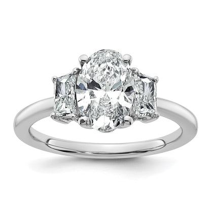14K White Gold 1/2 carat Lab Grown Diamond VS+ F+ Trapezoid 1 1/2 carat Oval Semi Mount Three Stone Engagement Ring