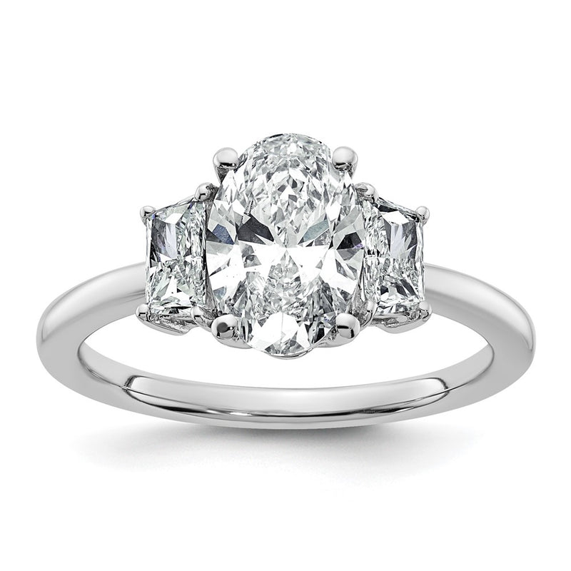 14K White Gold 1/2 carat Lab Grown Diamond VS+ F+ Trapezoid 1 1/2 carat Oval Semi Mount Three Stone Engagement Ring