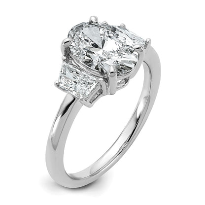 14K White Gold 3/4 carat Lab Grown Diamond VS+ F+ Trapezoid 2 carat Oval Semi Mount Three Stone Engagement Ring